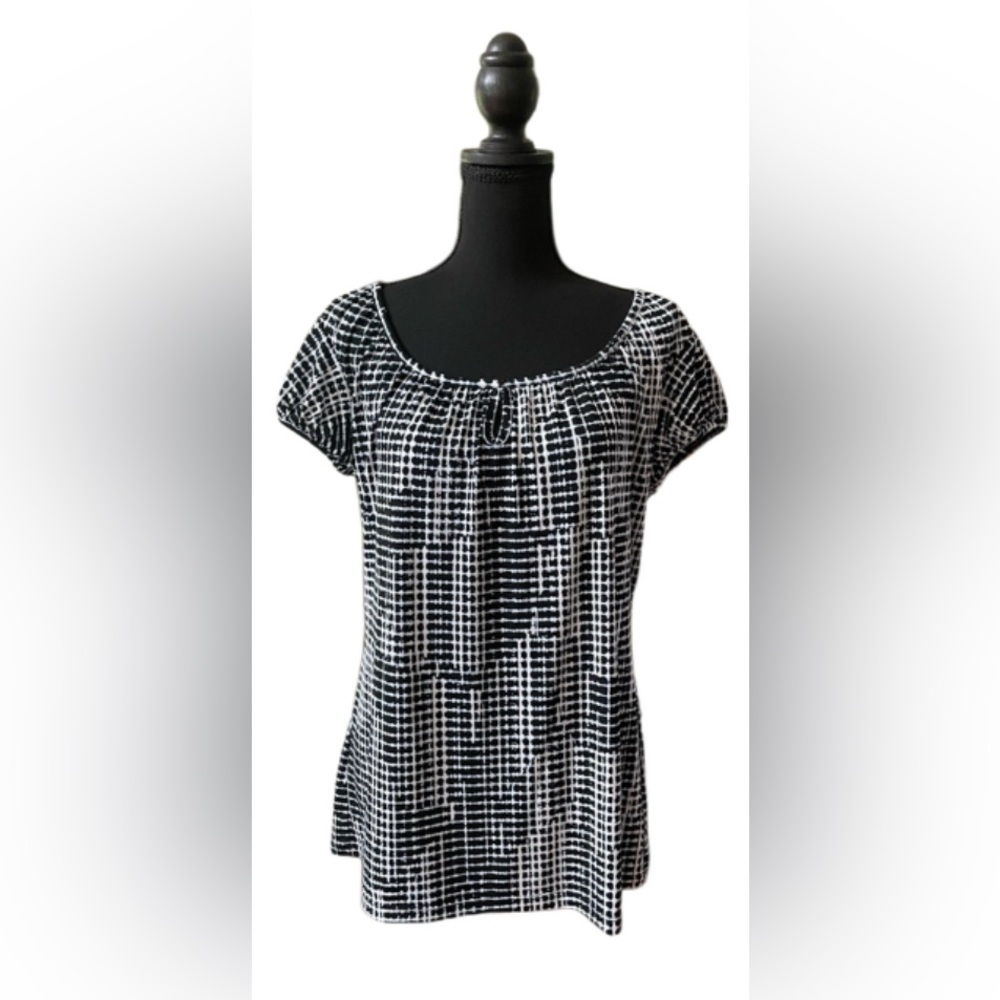 Liz Clairborne: Black, Blue and White Smocked Blouse with Key Hole Front